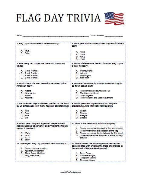 Flag Day Trivia Questions And Answers Printable